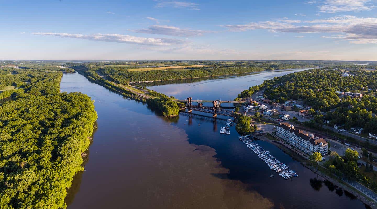 Confluence of St. Croix River and Mississippi River at Prescott, Wisconsin. Photo by Craig Blacklock