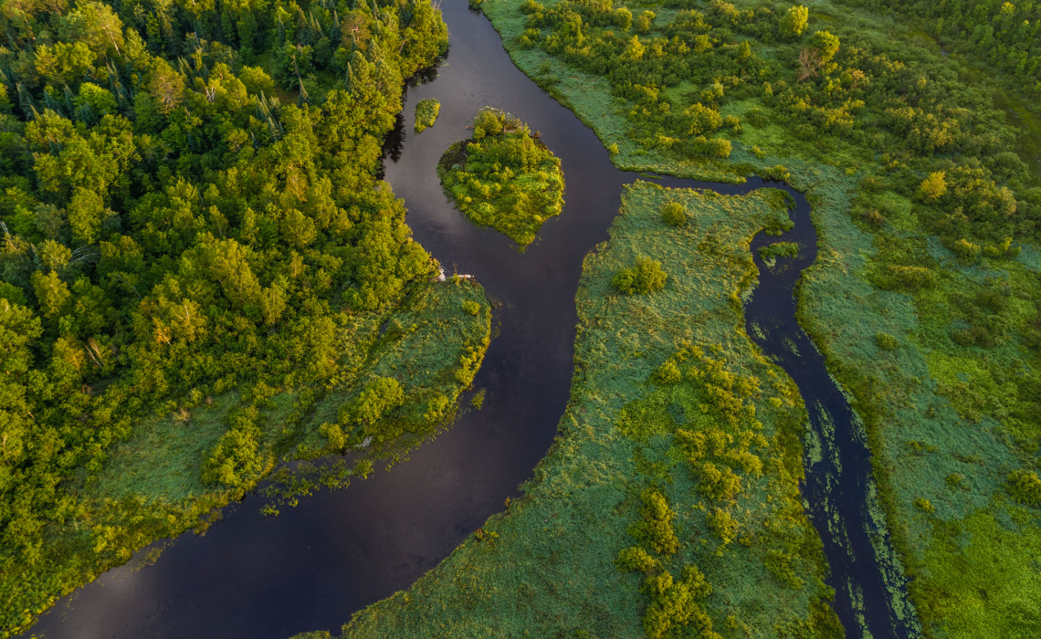 A drone shot shows an arial view of Phipps Flowage, green banks line the edges of the Namekagon River.