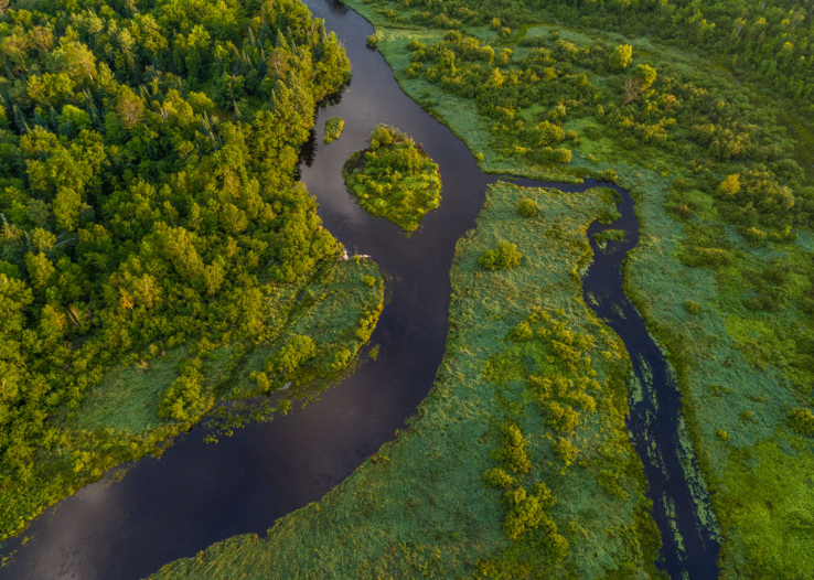 A drone shot shows an arial view of Phipps Flowage, green banks line the edges of the Namekagon River.