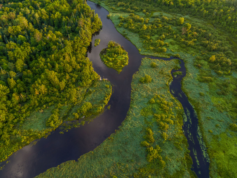 A drone shot shows an arial view of Phipps Flowage, green banks line the edges of the Namekagon River.