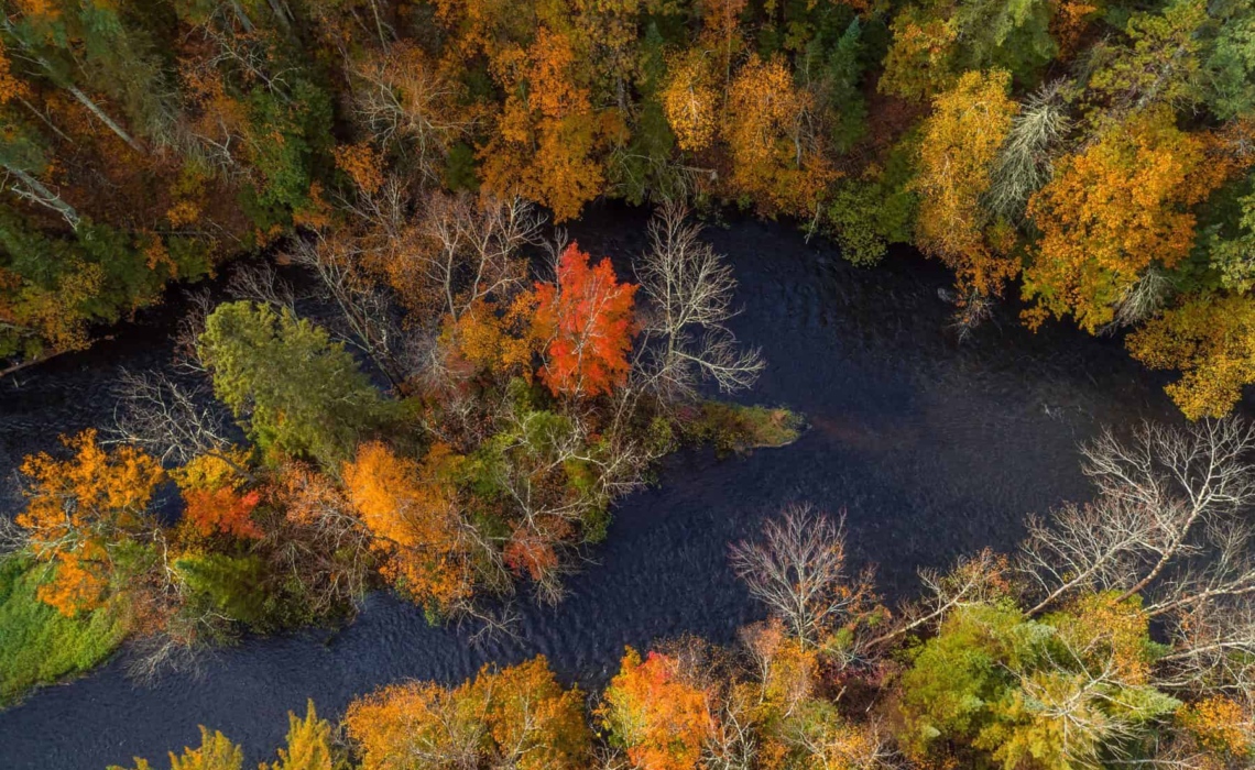 A drone shot of the Namekagon River shows vibrant fall colors on the trees