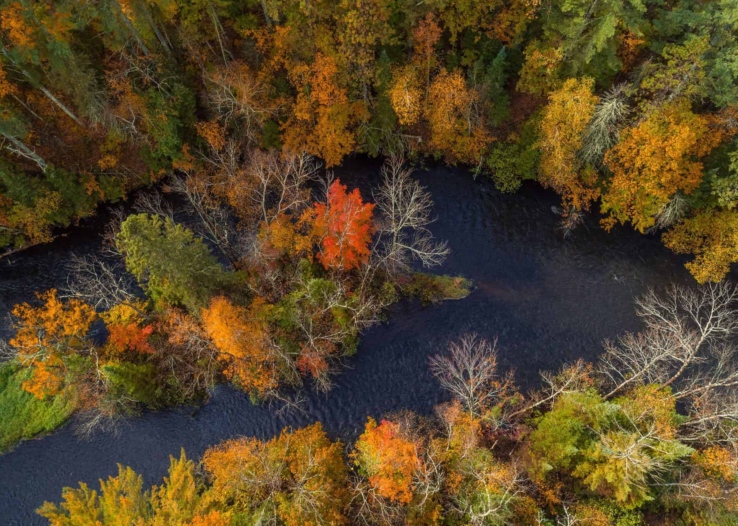A drone shot of the Namekagon River shows vibrant fall colors on the trees