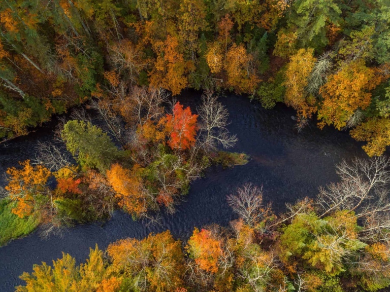 A drone shot of the Namekagon River shows vibrant fall colors on the trees