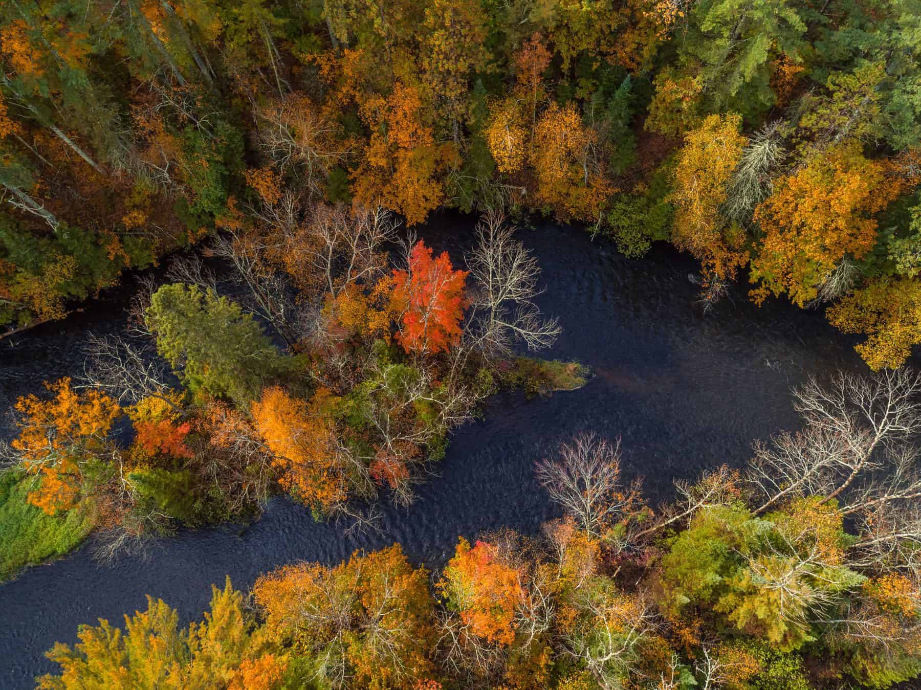 A drone shot of the Namekagon River shows vibrant fall colors on the trees