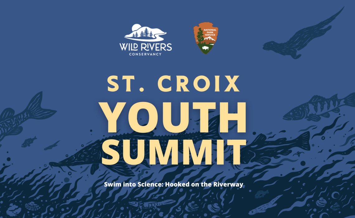 An event graphic featuring iluustrated blue fish, with Wild Rivers Conservancy and National Park Service Logos
