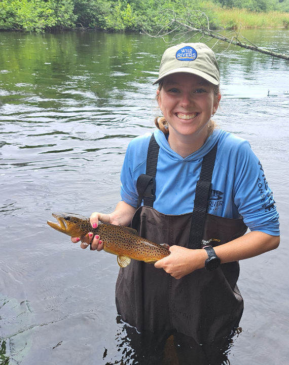 An intern stands in the Namekagon River wile holding a brown trout during fish surveys with the WI DNR