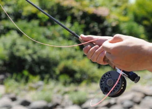 Two hands hold on to fly fishing rod