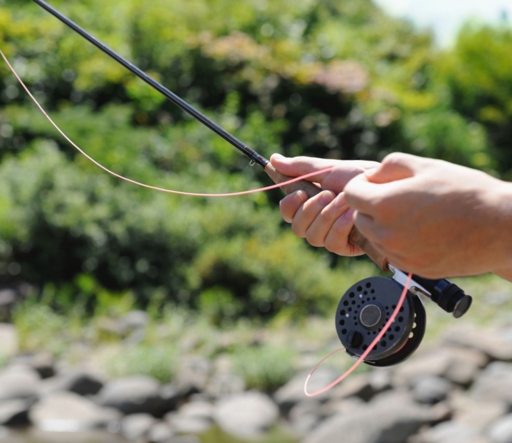 Two hands hold on to fly fishing rod
