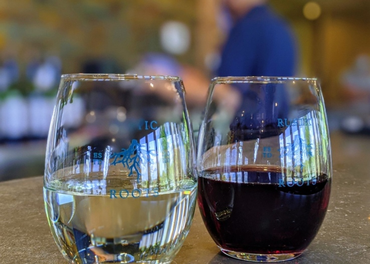 Two wine glasses sit on a bar top
