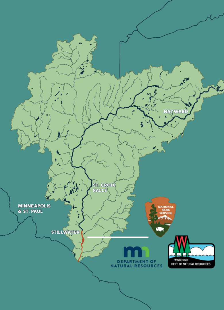 A map showing 3 logos, National Park Service, Minnesota DNR, and Wisconsin DNR